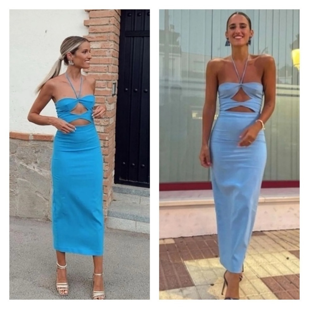 ZARA Blue Cutout Halter Sleeveless Bodycon Midi Cocktail Dress Size XL NWT - Picture 8 of 15